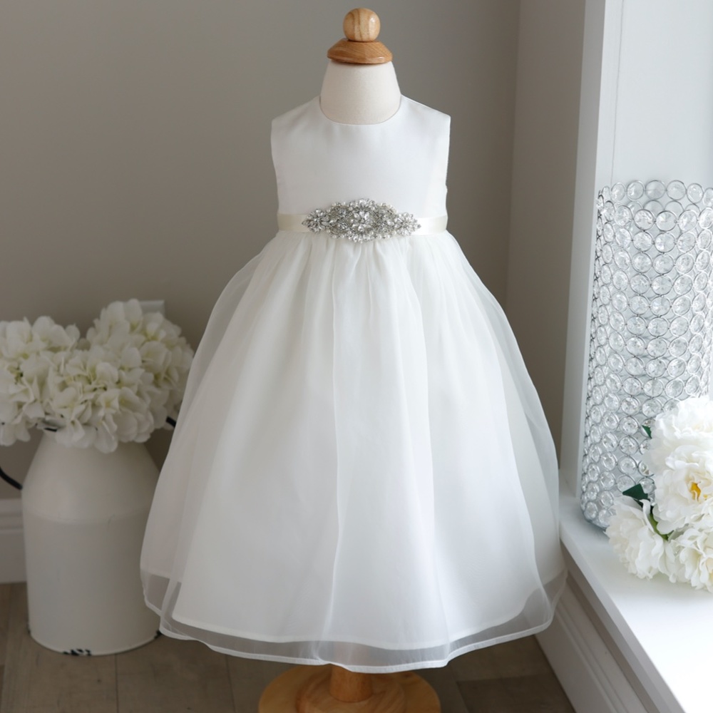 Ivory Flower Girl Dress Satin Organza Rhinestone Sash Size 2T